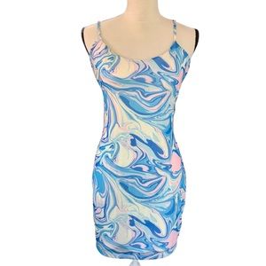 Vintage y2k 00s SO Fine Mesh Psychedelic Swirl Back Cut-out Fitted Mini Dress